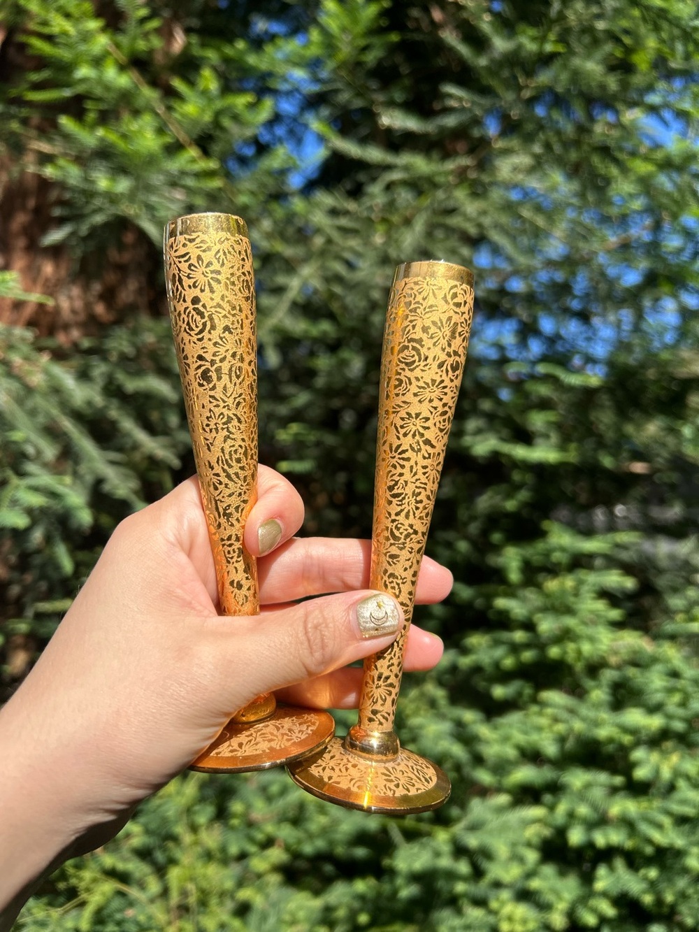 Vintage Gold Etched Decorative Stem Vases - Pair